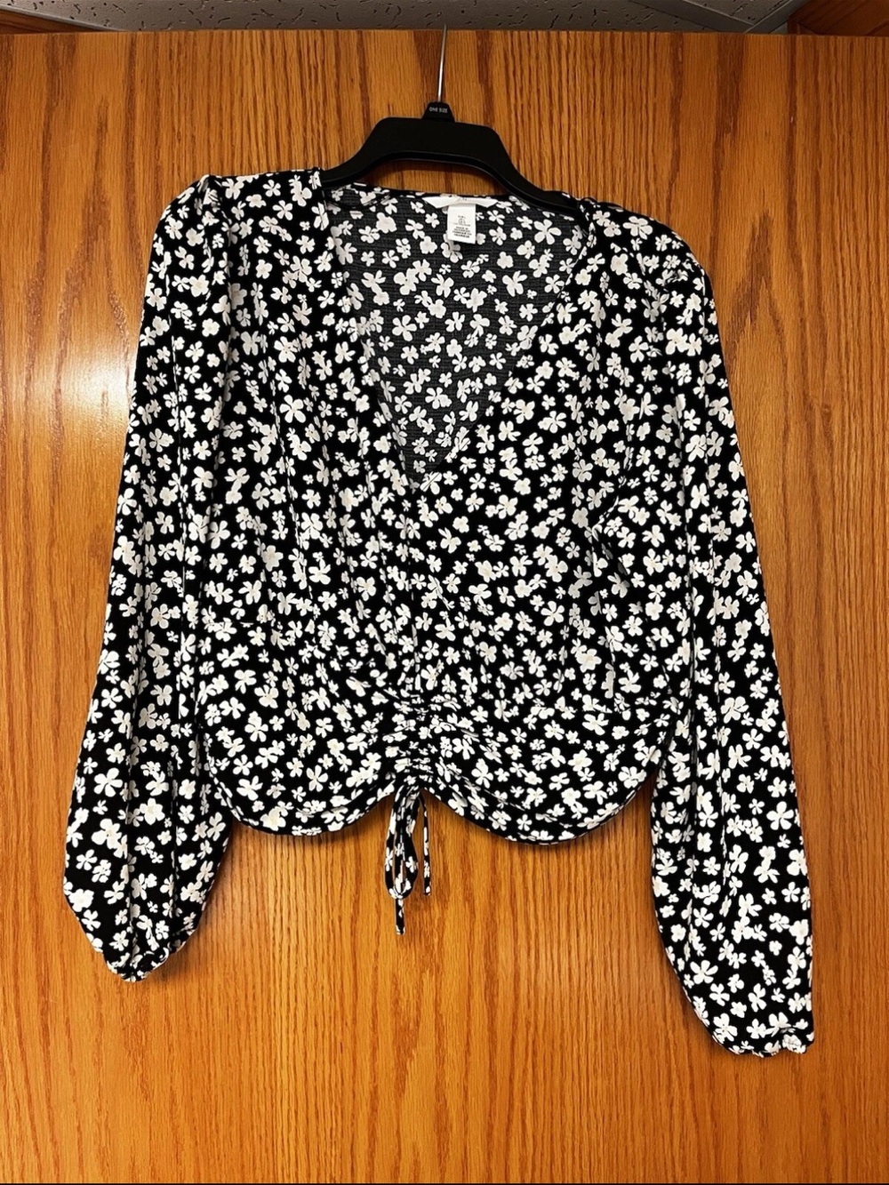 H&M Black Floral Drawstring V-Neck Blouse